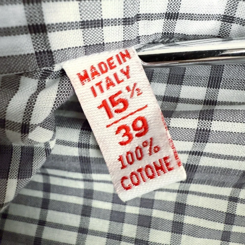 ISAIA Napoli Mens Dress Shirt 15 1/2 Check‎ Plaid Black & White Button Up